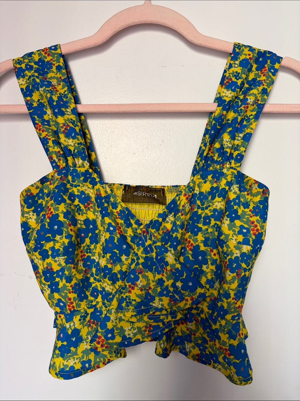 4SI3NNA Yellow Crop Top with Bold Blue Floral Print